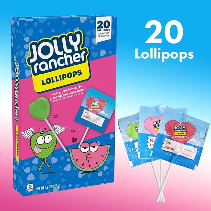 Heart Shaped Joly Ranchers Lollipops Assorted Fruity Flavors - Individually Wrapped JollyRanchar Lollipops Suckers Bulk in Sealed Bags for Friends, Kids, Party Favors (20 Ct)