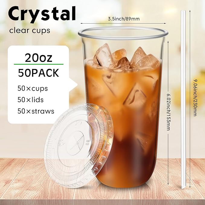 Ziliny 50 Sets Clear Plastic Cups with Lids and Straws, Disposable Iced Coffee Cups Drinking PET for Cold Drinks, Juice, Smoothie, Coffee Shops, Party, Christmas(Clear,20 oz)