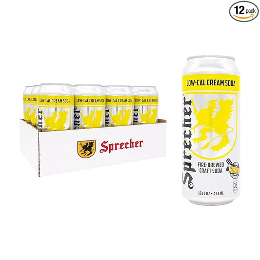 Sprecher Low-Cal Cream Soda 16 fl oz Cans (12 Pack), Fire-Brewed Craft Diet Soda with Real Honey, Handcrafted Reduced Calorie Cream Soda, Caffeine-Free Gourmet Beverage