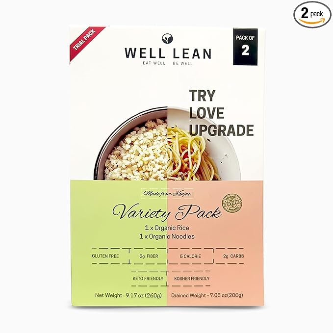 Well Lean Organic Konjac Noodles & Rice- Trial Set (2 Pack), Low Carb, Keto-Friendly, Plant-Based - 100% USDA Organic Shirataki - Healthy & Guilt-Free