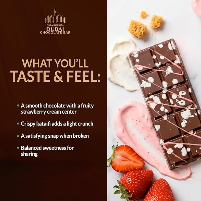 Dubai Chocolate Bar Strawberry Crush – 2.47oz Premium Chocolate with Strawberry & Crispy Kataifi Filling – Dubai Knafeh Dessert Inspired – Made in USA (1 Pack)