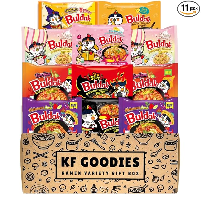KF GOODIES Korean Ramen Variety Pack Gift Box (11 Count) - Spicy Buldak Noodle Assortment for Birthdays, College Care Packages, Office Snacks and Gift Baskets