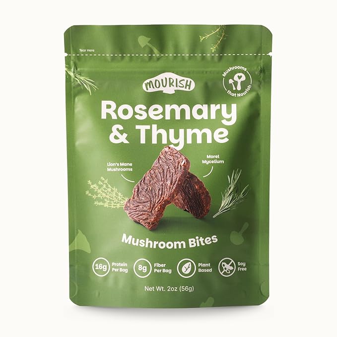 Mourish Vegan Mushroom Bites, Rosemary and Thyme, 1 Pack (2 oz), Good Source of Protein and Fiber, Plant Based Meat Jerky, Meatless Healthy Snacks for Hiking, Camping, Work, Travel & School