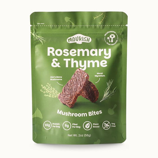 Mourish Vegan Mushroom Bites, Rosemary and Thyme, 1 Pack (2 oz), Good Source of Protein and Fiber, Plant Based Meat Jerky, Meatless Healthy Snacks for Hiking, Camping, Work, Travel & School