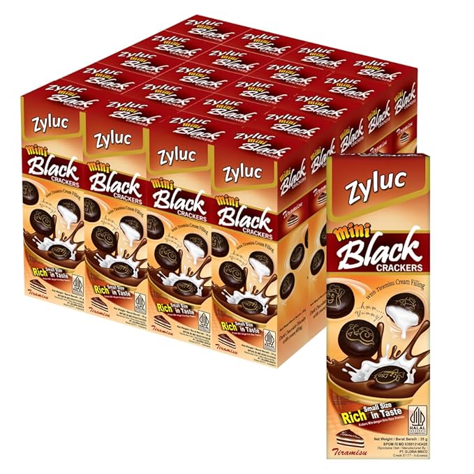 Zyluc Mini Black Crackers – Tiramisu Flavored Snack with Coffee Cocoa Blend – 35g Portable Pack – Light Crunch, Halal Certified, Made with Non-GMO Ingredients – Product of Indonesia – Pack of 20