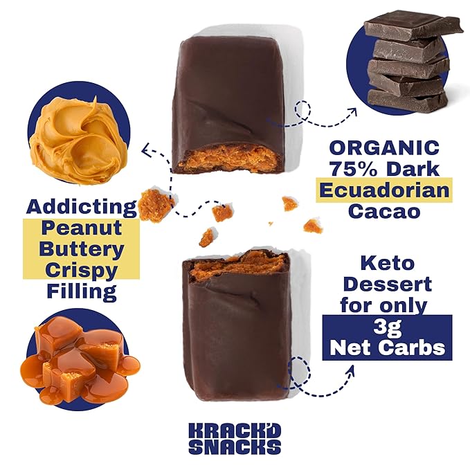 Krack’d Snacks Keto Chocolate Snack Bars 10 Pk | Handmade Low Carb, Sugar Free Dark Chocolates with Peanut Butter, Caramel Crunch, Allulose | Vegan, Non-GMO, Gluten Free Chocolate Candy Bar