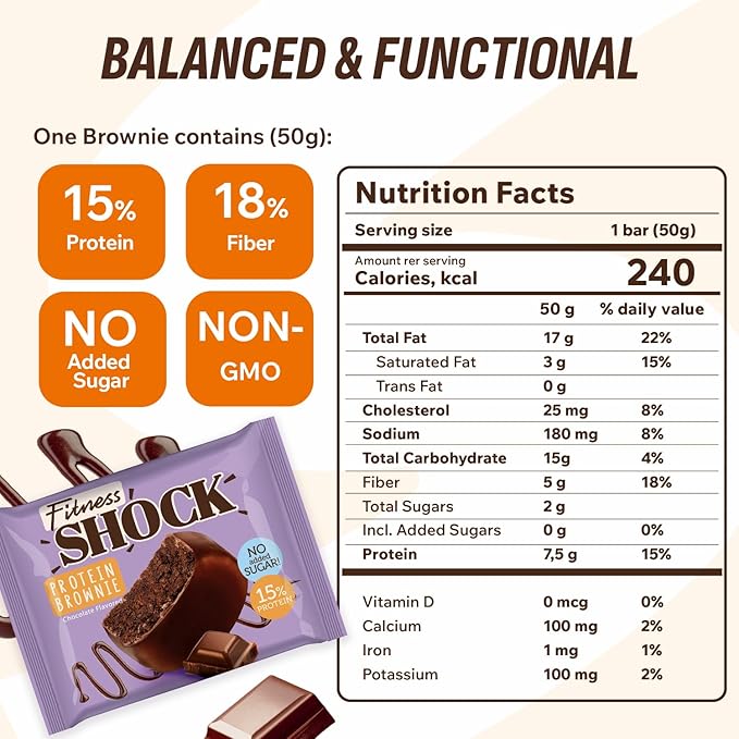 FitnesSHOCK Chocolate Brownie without Added Sugar, 15% Protein, satiating dietary fibre, Soft Texture, 10 Pieces, 50g