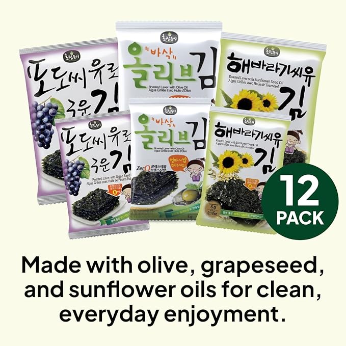 Korean Food Mixed Roasted Seaweed Snack Set, 12 Count (0.17 oz Each) – Olive Grape Seed Sunflower Oil Laver – Keto Vegan Gluten-Free On-The-Go Korean Nori Snack