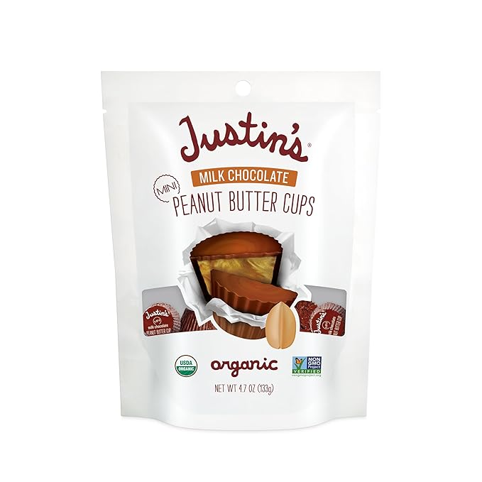Justin's Organic Mini Milk Chocolate Peanut Butter Cups, Rainforest Alliance Certified Cocoa, Gluten-free, Responsibly Sourced, 6 Stand-up Bags, 4.7oz each