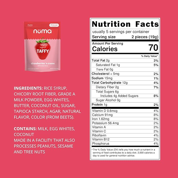 Numa Taffy Candy - Strawberries and Creme Made w Real & Simple Ingredients - Low Sugar, High Protein, Low Calorie, All Natural, Gluten Free - 3 Bags with 10 Individually Wrapped Chews Each