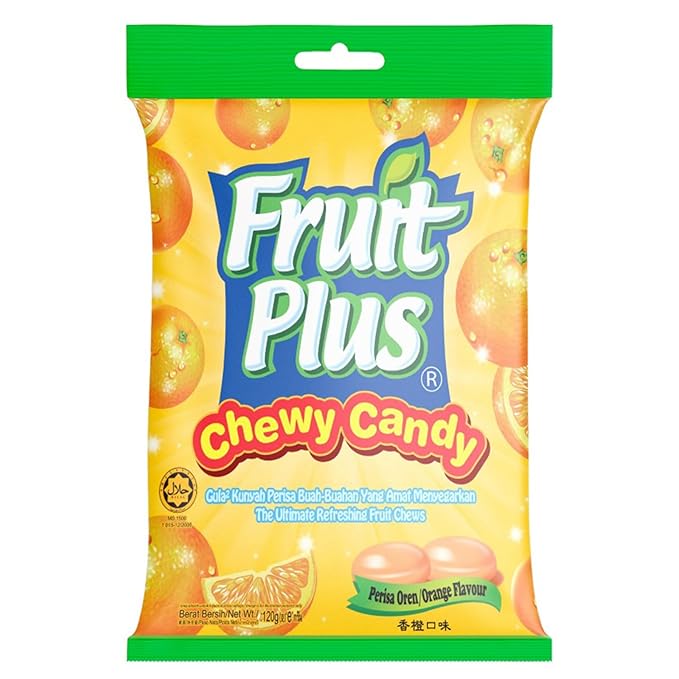 Fruit Plus Chewy Candy, Malaysian Individually Wrapped Bulk Candy, Fruit Snacks for Halloween Christmas Party, Non-Melting, 4.2 Oz Bag (Approx. 39 Count) (Orange)