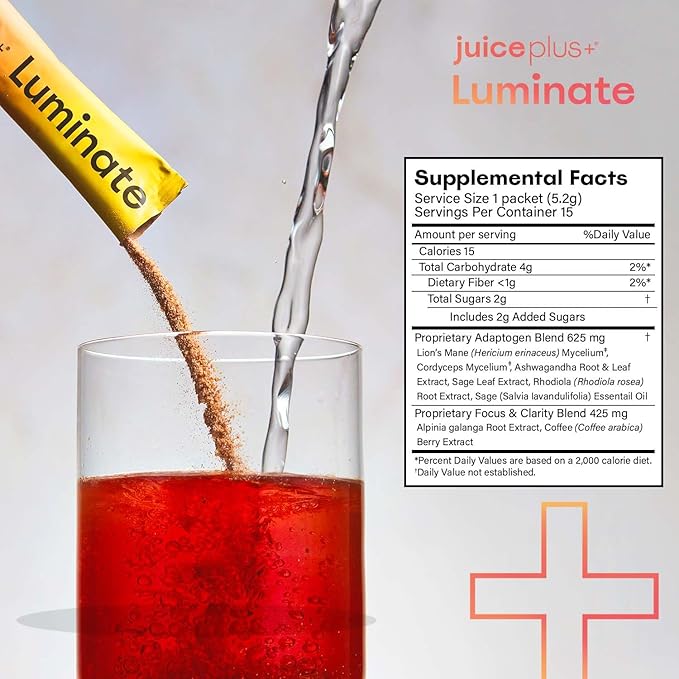 JuicePlus+ Luminate - Plant-Based Cognitive Support Drink with Ashwagandha, Lions Mane & Coffee Berry For Clarity & Vitality - 15 Sticks, 2.75 oz