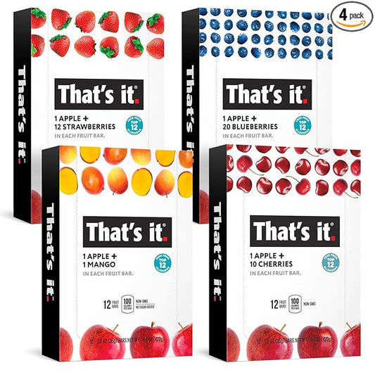 That's it. (48 Count) Variety Pack | Strawberry, Blueberry, Mango & Cherry flavors | 100% Natural Real Fruit bars. Strawberry. Plant-based, Vegan, gluten-free. No added Sugar. Top 12 allergen free