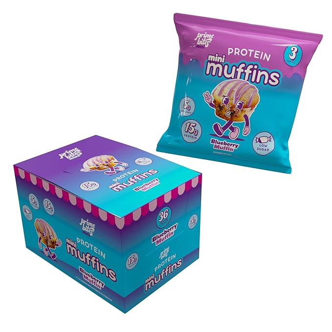 Prime Bites Minis - High Protein Muffin (12 Per Box, Blueberry) - 15g of Protein, 5g of Collagen, Gluten Free, Low Sugar Treat, Delicious Protein Snack