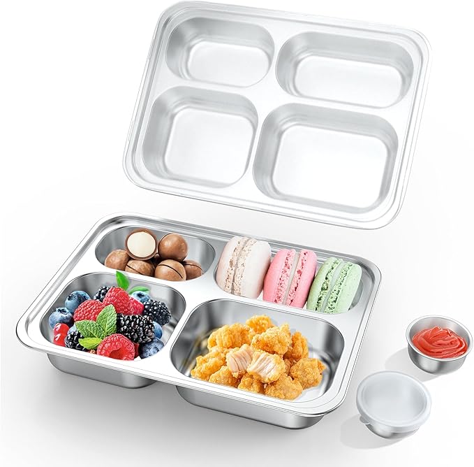Stainless Steel Divided Plate for Kids Toddler, Non Toxic Portion Control Plate Dinner Plate with Lid for Adults Weight Loss, 2 Pack 4 Sections Rectangular Snack Plate Tray