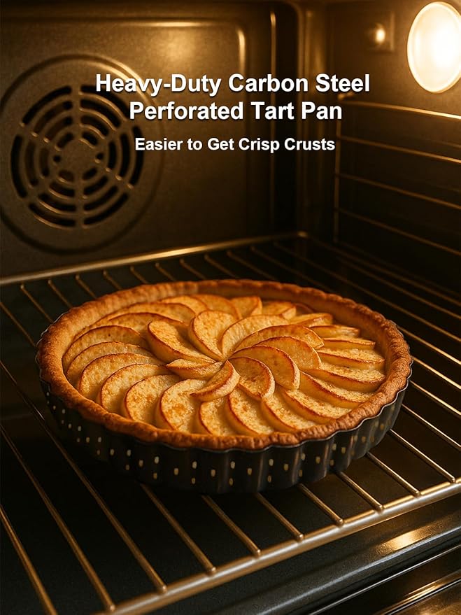 Yamteck 9 Inch Perforated Tart Pan for Crispy Crust w/Cake Server. Removable Bottom, Non-Stick Coating, Rugged Carbon Steel for Tart Quiche Pie Baking. Gift for Christmas Thanksgiving Party