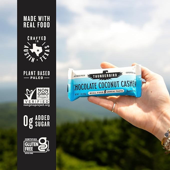 Thunderbird Bars Energy Snack, Gluten-Free with Protein, Healthy Real Food, Vegan Paleo Non-GMO, No Added Sugar, Chocolate Coconut Cashew (6 Count, 1.7 oz. Bars)