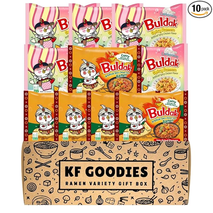 KF GOODIES Korean Ramen Variety Pack Gift Box (10 Count) – Spicy Buldak Noodle Assortment for Birthdays, College Care Packages, Office Snacks, and Gift Baskets