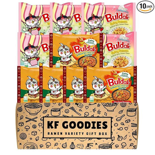 KF GOODIES Korean Ramen Variety Pack Gift Box (10 Count) – Spicy Buldak Noodle Assortment for Birthdays, College Care Packages, Office Snacks, and Gift Baskets