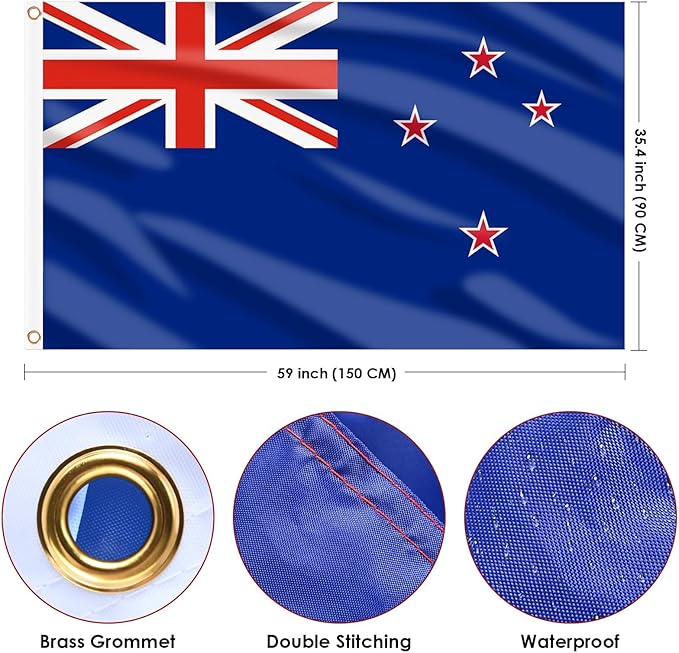 AhfuLife New Zealand Flag Kiwi Flag 3x5 Ft, Large New Zealand National Flags for Outside - Double Side with Brass Eyelets for Olympic Party Decorations, Bar Garden Street Decoration Indoor Outdoor