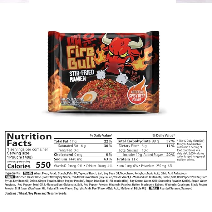 [Fire Bull Ramen] Intense Spicy Stir-Fried Ramen | Original Flavor | Authentic Korean Heat Meets Flavorful Delight | Thick, Chewy Noodles | Quick & Easy Meal (1 Case, 32 Pouches)