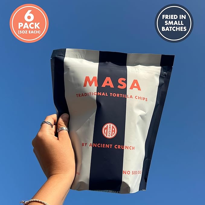 MASA Chips Blue Corn Tortilla Chips - Naturally Grown Blue Corn with Grass Fed Tallow and Sea Salt Tortilla Chips - No Seed-Oil Snacks - 6 Pack, 5 Ounce Each