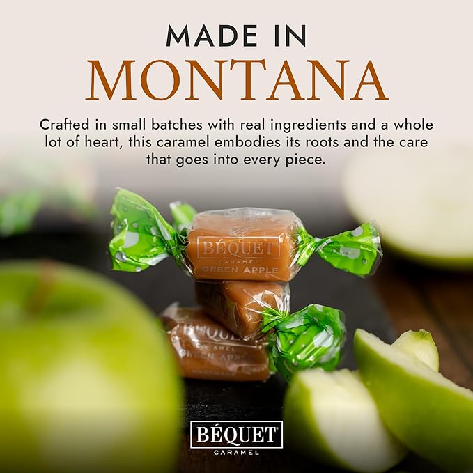 Béquet Caramel - Green Apple Caramel Candy - Gourmet Caramel Candy - Caramel Candy Individually Wrapped - Made in Montana - Kosher (Star D) and Gluten Free - 24oz Resealable Pouch