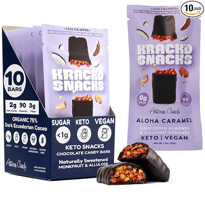 Krack’d Snacks Chocolate Snack Bars 10 Pk | Plant-Based Dark Chocolate Aloha Caramel with Almonds & Coconut | Gluten Free Candy Bars | Keto Chocolate Treats