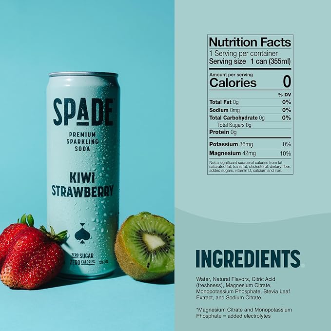 Spade Soda Kiwi Strawberry 12 Pack, Premium All-Natural, No Sugar, No Calories, Electrolytes, Magnesium, Potassium, Healthy Non GMO, Sweet Quality Stevia, No Artificial Sweeteners, Great Taste, Bold Taste