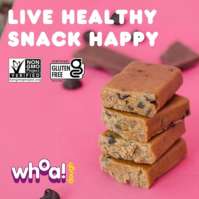 Whoa Dough Edible Cookie Dough Bars- Certified Non-GMO, Kosher and Gluten Free Bars - Healthy Snack Foods - Plant Based Snacks Made With Real Ingredients - Chocolate Chip Cookie Dough - 4 Pack