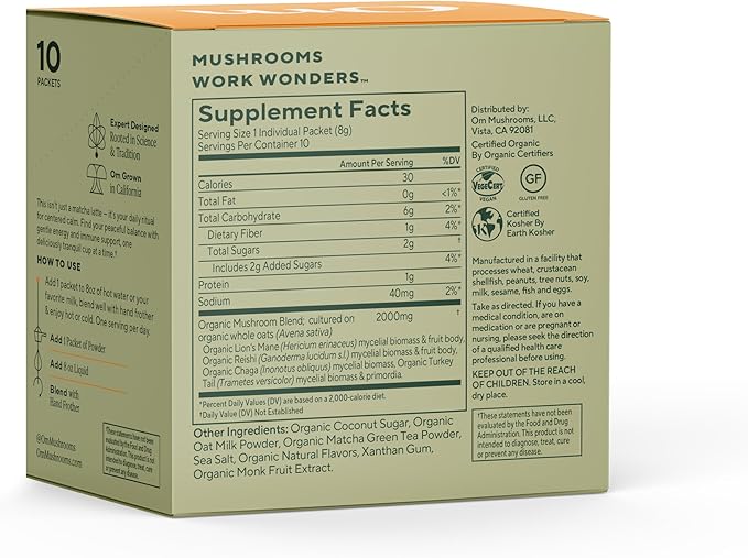 OM MUSHROOM SUPERFOOD Matcha Latte Blend – Green Tea Mushroom Powder with Lion’s Mane, Reishi, Chaga & Turkey Tail – Focus, Calm & Stress Support – Single Serve Packets (10 Count)