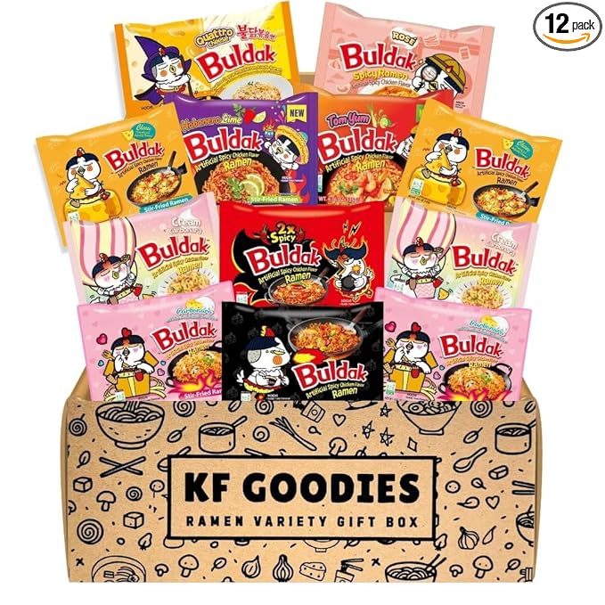 KF GOODIES Korean Ramen Variety Pack Gift Box (12 Count) - Spicy Buldak Noodle Assortment for Birthdays, College Care Packages and Gift Baskets
