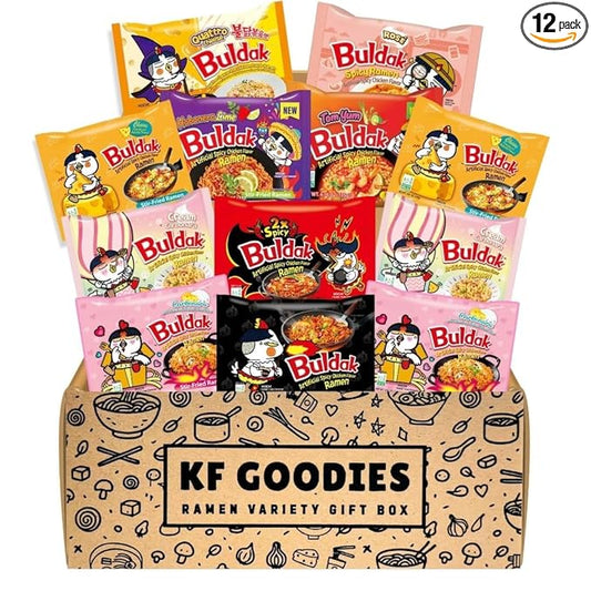 KF GOODIES Korean Ramen Variety Pack Gift Box (12 Count) - Spicy Buldak Noodle Assortment for Birthdays, College Care Packages and Gift Baskets