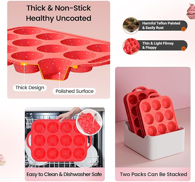 Fimary Silicone Muffin Pans for Baking, with Metal Reinforced Frame, Dishwasher Safe BPA Free Nonstick Silicone Cupcake Pan 12 Cups for Baking Homemade Muffins, Cupcakes - 2 Pack