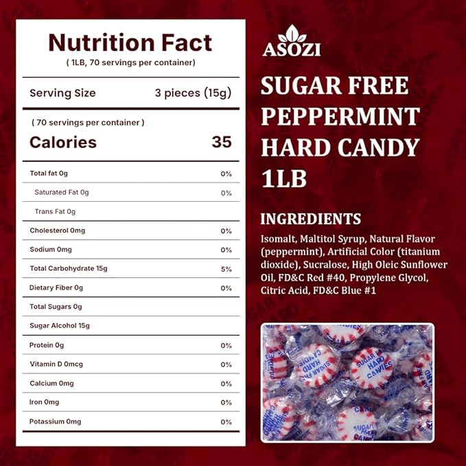 Sugar Free Peppermint Hard Candy 1 LB – Guilt-Free Mint Candy, Refreshing Sugarless Treats for Holidays, Parties, Office, Snacks & Everyday Enjoyment, Resealable Bag
