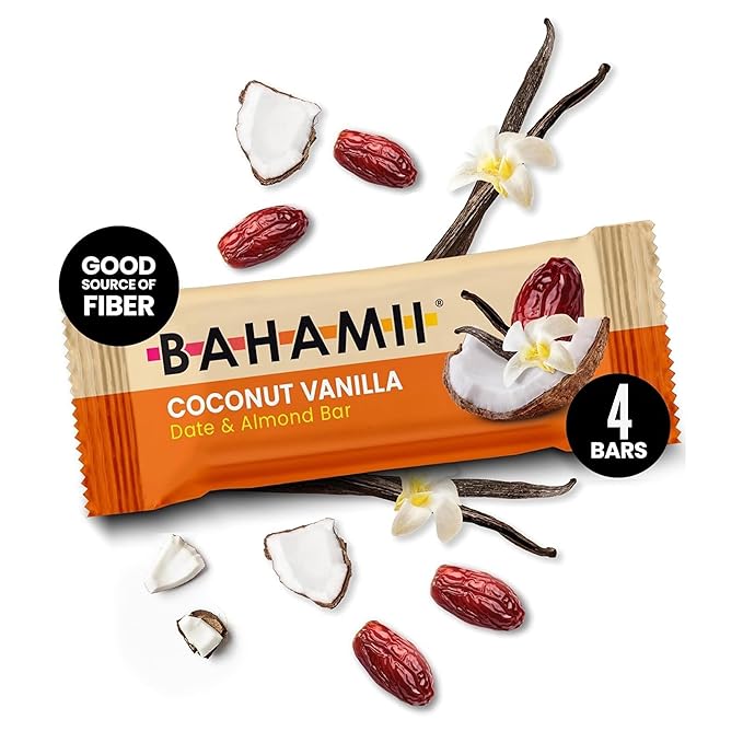 Bahamii Snack Bars, Made with Dates & Nuts, Healthy Snacks, Gluten Free, Good Source of Fiber, Only 6 Ingredients, For Kids & Adults, No Added Sugar, Vegan, 4 Pack, Coconut Vanilla