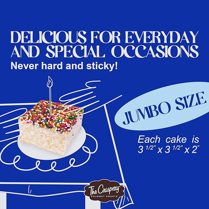 The Crispery Crispycakes – Jumbo Size Pack of 12 Individually Wrapped Assorted Flavor Gourmet Marshmallow Rice Crispycakes, always soft and gooey, packed with fresh ingredients. Made in the USA.