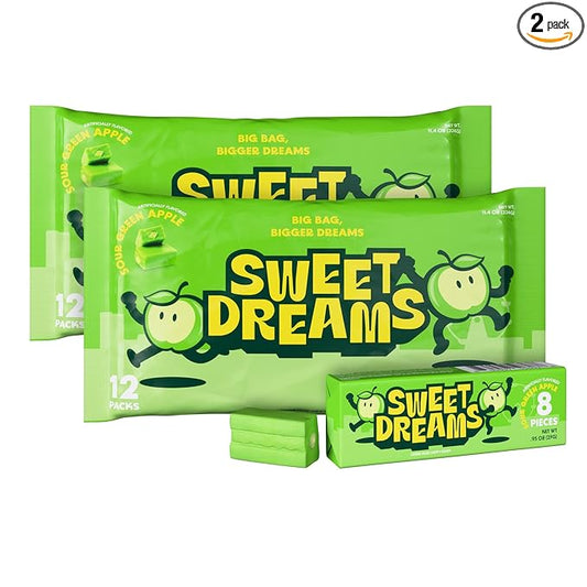Sweet Dreams Center Filled Soft Chewy Candy Individually Wrapped, Gluten-Free Candies Party Size, Bulk Fruit Chews Candy for Kids - Sour Apple Flavor - 2 Pack, 12 Sticks Per Bag- 8 Pieces Per Stick- 192 Total Pieces
