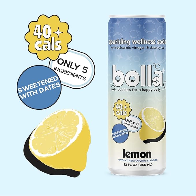 Lemon Sparkling Wellness Soda · Naturally sweetened with dates · Crafted with balsamic vinegar · 5 simple ingredients · Low calorie · Antioxidant-rich · No added sugar 12 pack
