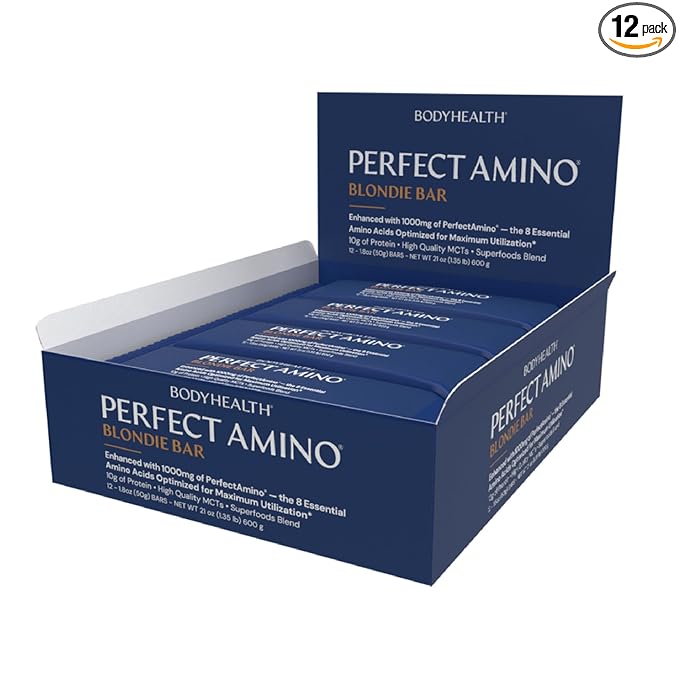 BodyHealth PerfectAmino Bar – Protein Energy Snack with 10g Protein, Plant-Based MCTs, Superfood Blend, Non-GMO, Gluten, Dairy & Soy Free (Blondie, 12 Pack)