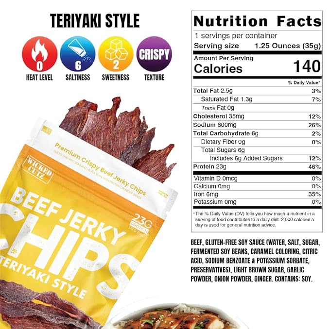 Wicked Cutz Teriyaki Beef Jerky Chips, 14g Protein per Bag, Crispy & Crunchy Beef Jerky Crisps, USA Made Flavored Chips, High Protein Snacks (2 Bags)