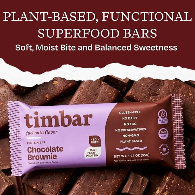 timbar Plant-Based Protein Bars, Chocolate Brownie | 14g Plant Protein, 8g Prebiotic Fiber | Gluten, Dairy & Egg Free, Non-GMO, No Sugar Alcohols (4 Pack)