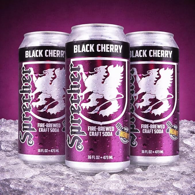Sprecher Black Cherry Soda 16 fl oz Cans (12 Pack), Fire-Brewed with Real Honey & Door County Cherry Juice – Handcrafted, Caffeine-Free, Gourmet Beverage