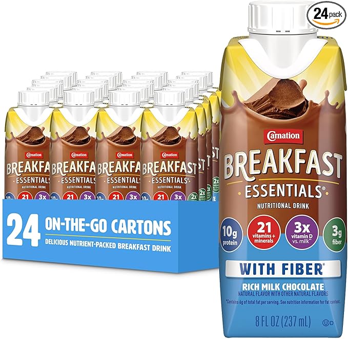 Carnation Breakfast Essentials Ready to Drink with Fiber, Rich Milk Chocolate, 8 FL OZ Carton (Pack of 24)