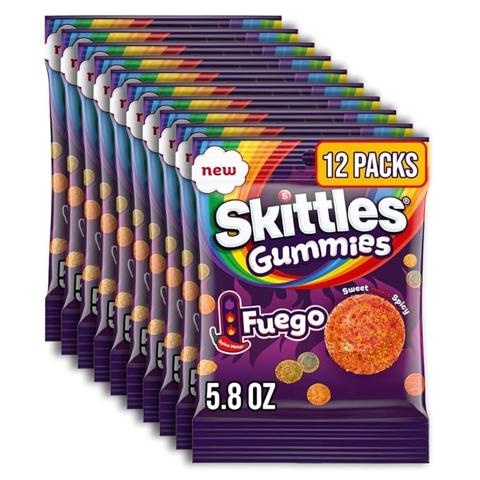 SKITTLES GUMMIES Fuego Sweet and Spicy Gummy Candy, 5.8 Oz Bag, 12 Pack