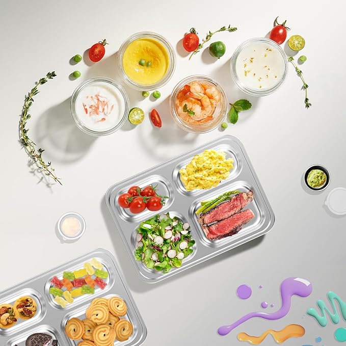 Stainless Steel Divided Plate for Kids Toddler, Non Toxic Portion Control Plate Dinner Plate with Lid for Adults Weight Loss, 2 Pack 4 Sections Rectangular Snack Plate Tray