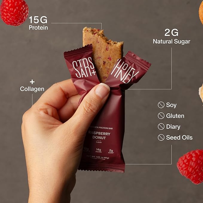 Stars + Honey Protein Bars - The Raspberry Donut, 14g Protein, 2g Sugar, w/Collagen Keto Friendly Snack - Gluten, Dairy, Seed Oil, & Soy Free - High-Protein Snacks for Energy & Recovery -10 pack