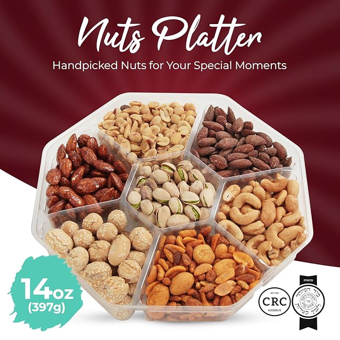 SizGit Nut Gift Baskets, 14oz Mixed Nut Gift Box of 7 Sectional Platter, Ideal Nut Assortment for Holidays, Birthdays, Celebrations, Anniversaries, Corporate Occasions and Everyday Snacking
