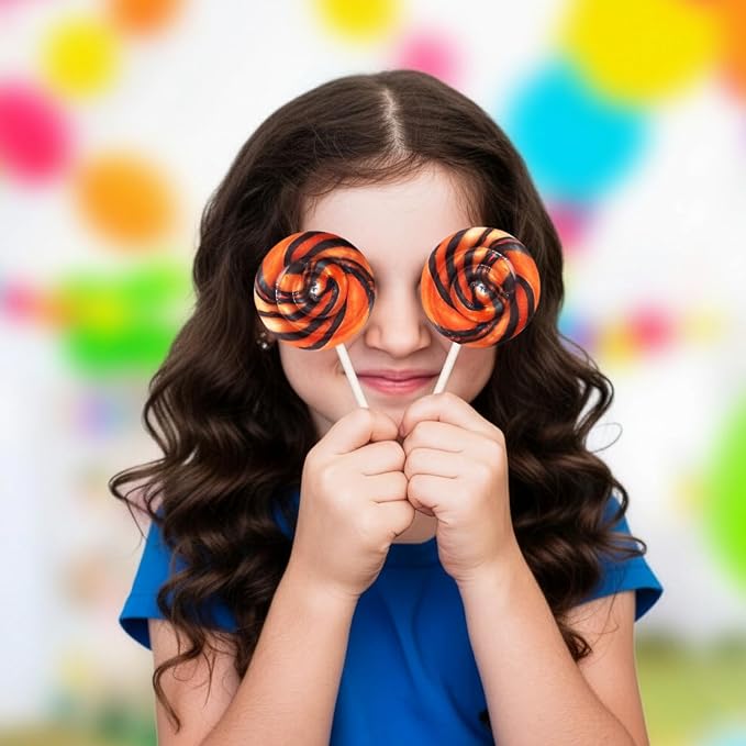 Orange and Black Swirl Lollipops, Pack of 50 Pieces Suckers Individually wrapped, Ideal Lollipops Bulk Supply for Candy Buffets, Vibrant Swirl Suckers for Easy Sharing
