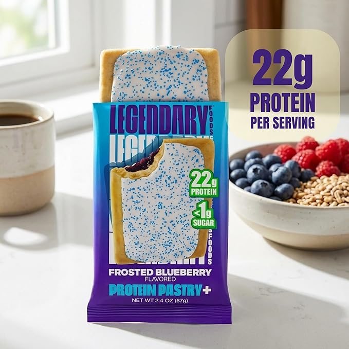 Legendary Foods 22g Protein Pastry 0g Added Sugar, Low Carb, Gluten Conscious, Keto Snack, Ideal for Glucose Management, Includes Whey Protein Isolate, 8 Pack Frosted Blueberry